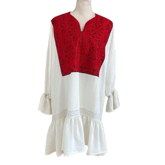 ORO WHITE GAUZY RED EMBROIDERY BIB MIDI KAFTAN DRESS - OS - Picture 1 of 8